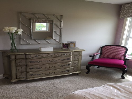 Old Hollywood Glam Girl's bedroom with refurbished classic dresser & classic chair 
